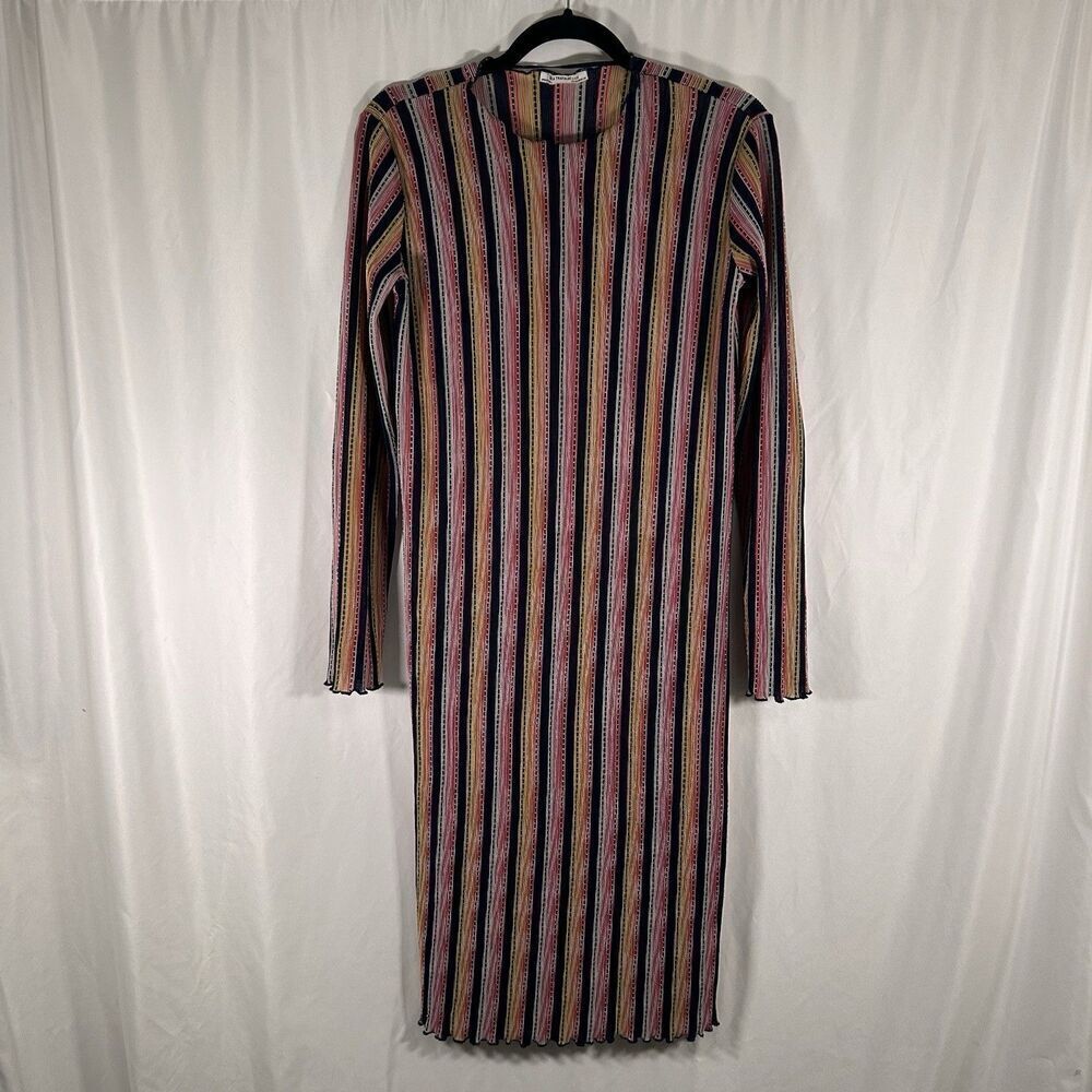 Zara Trafaluc Dress Women's Small Blue Striped Round Neck Long Sleeve Swim Cover